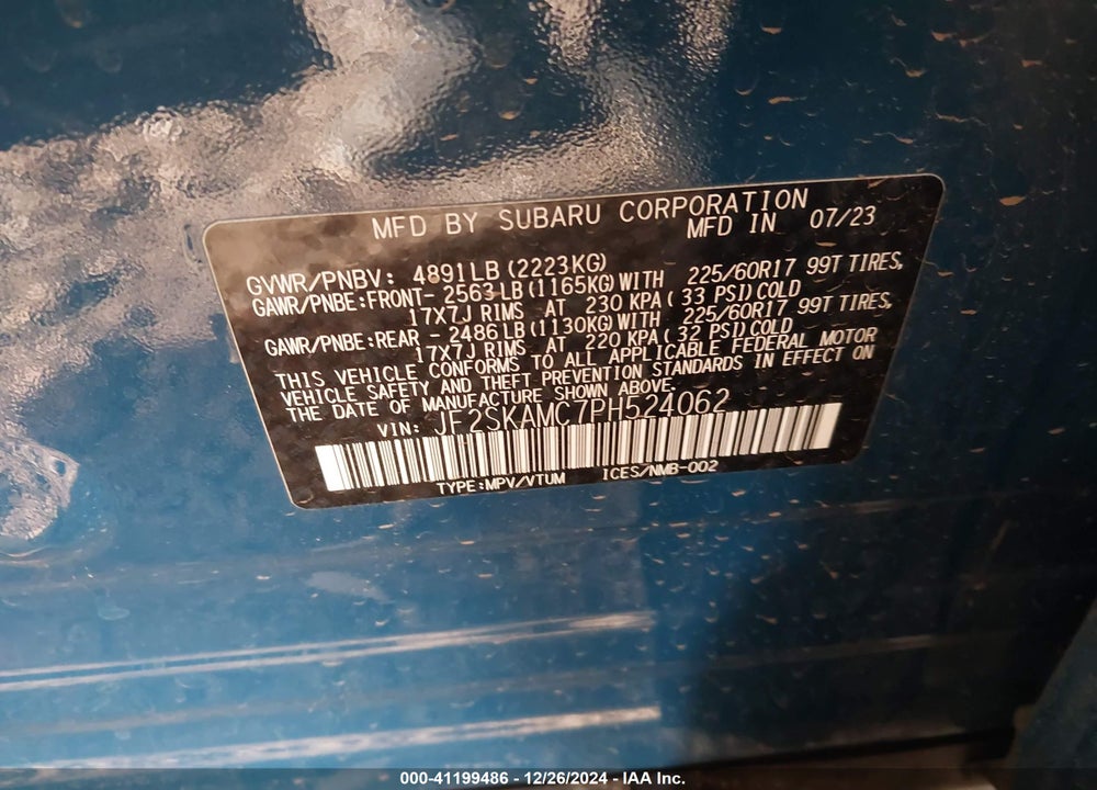 2023 SUBARU FORESTER VIN: JF2SKAMC7PH524062
