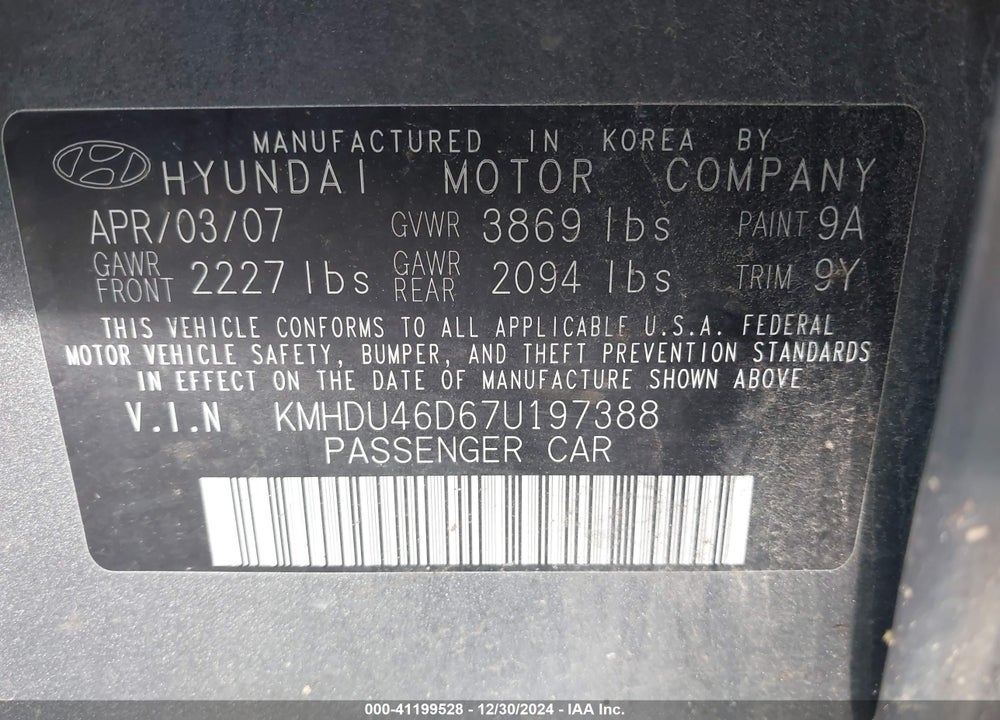 2007 HYUNDAI ELANTRA VIN: KMHDU46D67U197388
