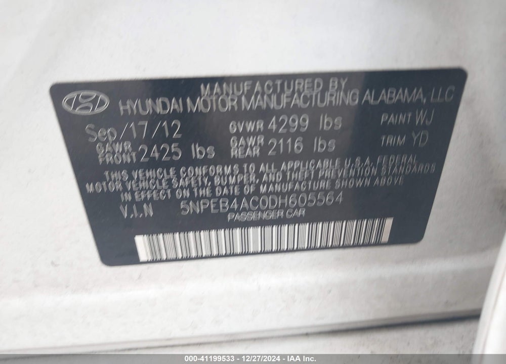 2013 HYUNDAI SONATA GLS VIN: 5NPEB4AC0DH605564