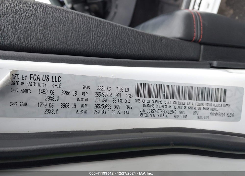 2016 DODGE DURANGO R/T VIN: 1C4SDHCT9GC402948