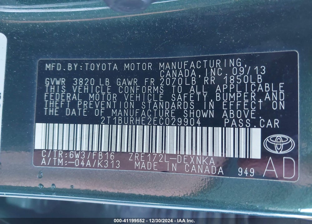 2014 TOYOTA COROLLA VIN: 2T1BURHE2EC029904