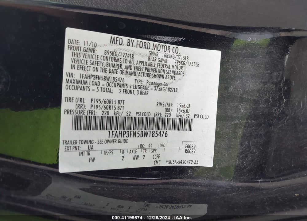 2011 FORD FOCUS VIN: 1FAHP3FN5BW185476