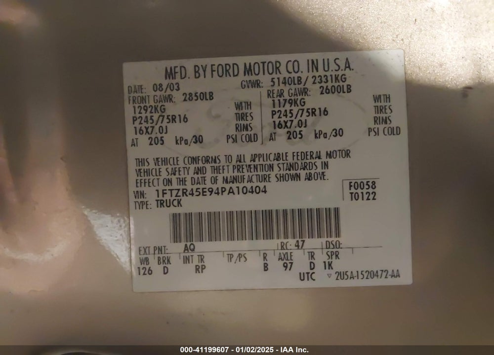 2004 FORD RANGER EDGE/TREMOR/XLT VIN: 1FTZR45E94PA10404