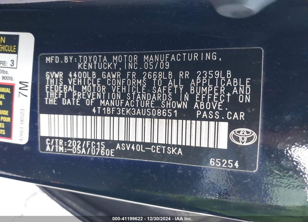 2010 TOYOTA CAMRY SE VIN: 4T1BF3EK3AU508651