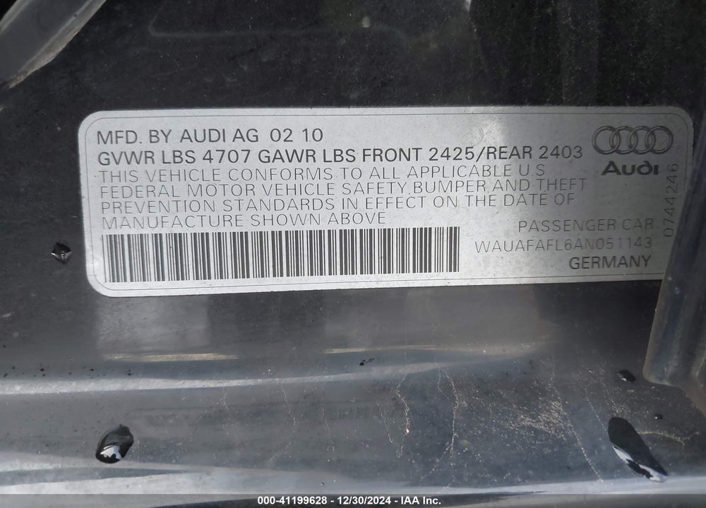 2010 AUDI A4 VIN: WAUAFAFL6AN051143