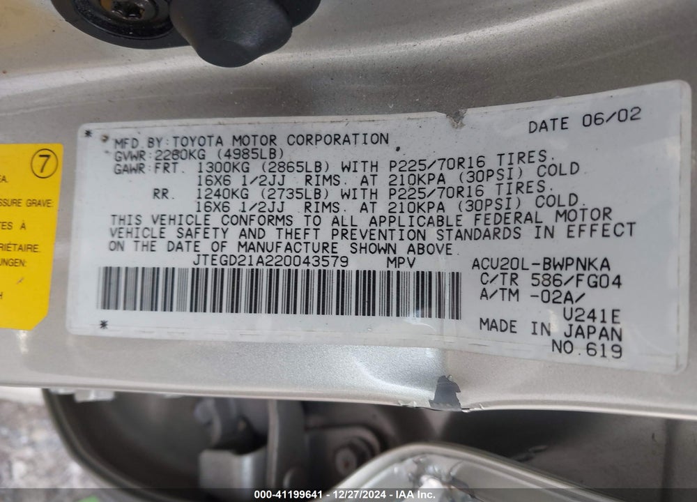 2002 TOYOTA HIGHLANDER VIN: JTEGD21A220043579