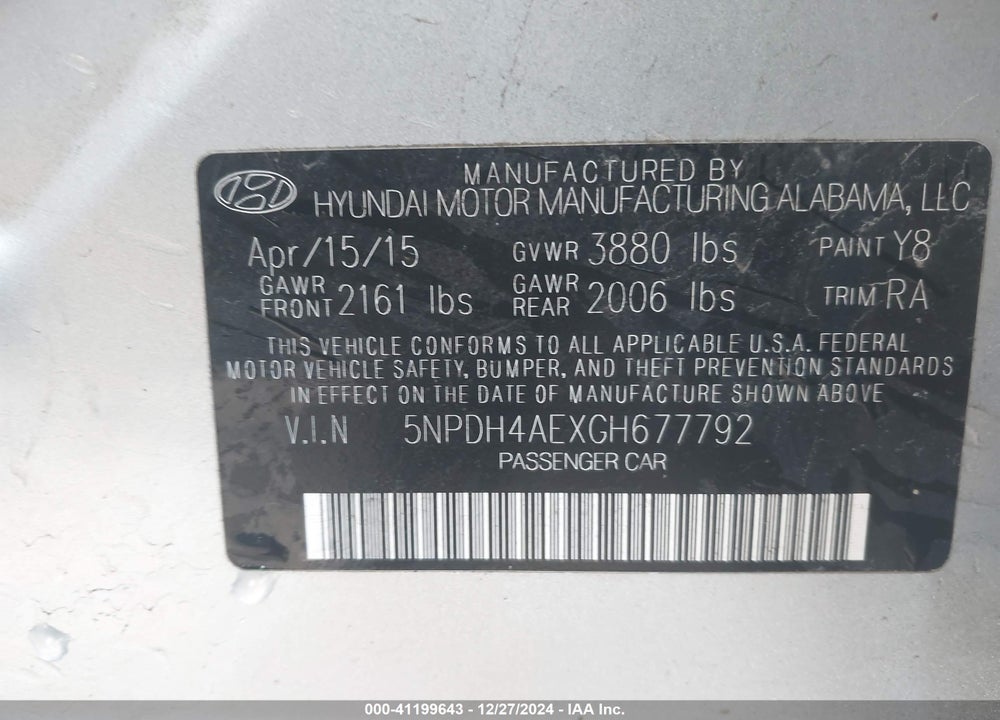 2016 HYUNDAI ELANTRA SE VIN: 5NPDH4AEXGH677792