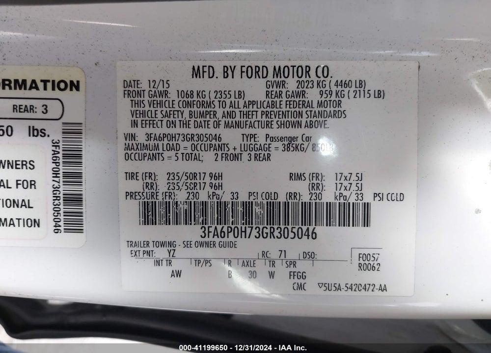 2016 FORD FUSION VIN: 3FA6P0H73GR305046