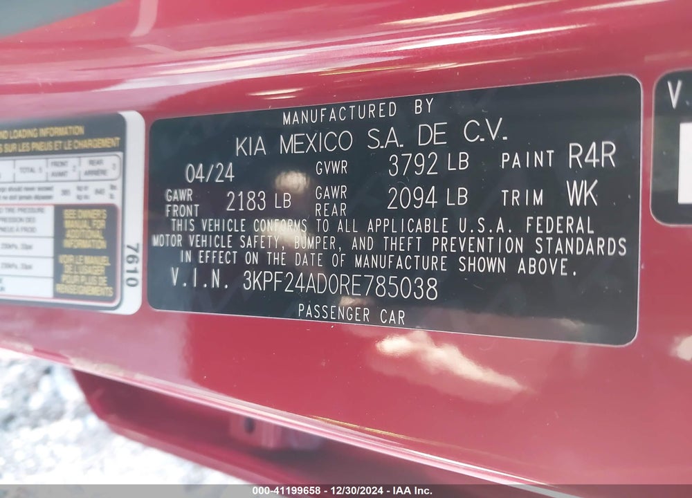 2024 KIA FORTE LXS VIN: 3KPF24AD0RE785038