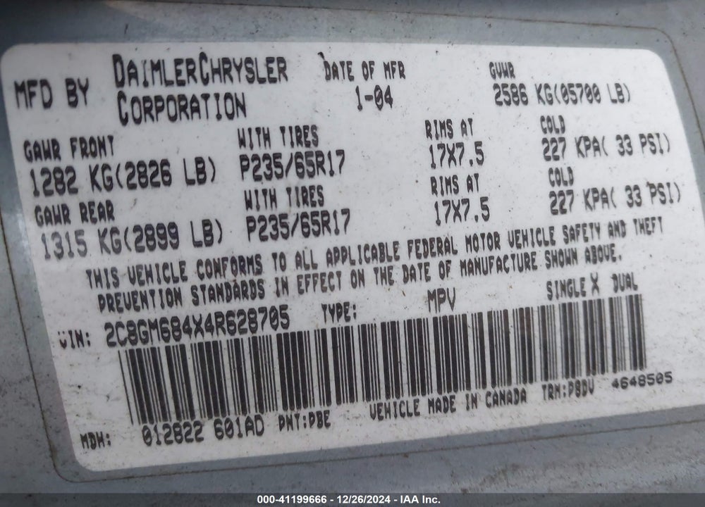 2004 CHRYSLER PACIFICA VIN: 2C8GM684X4R628705