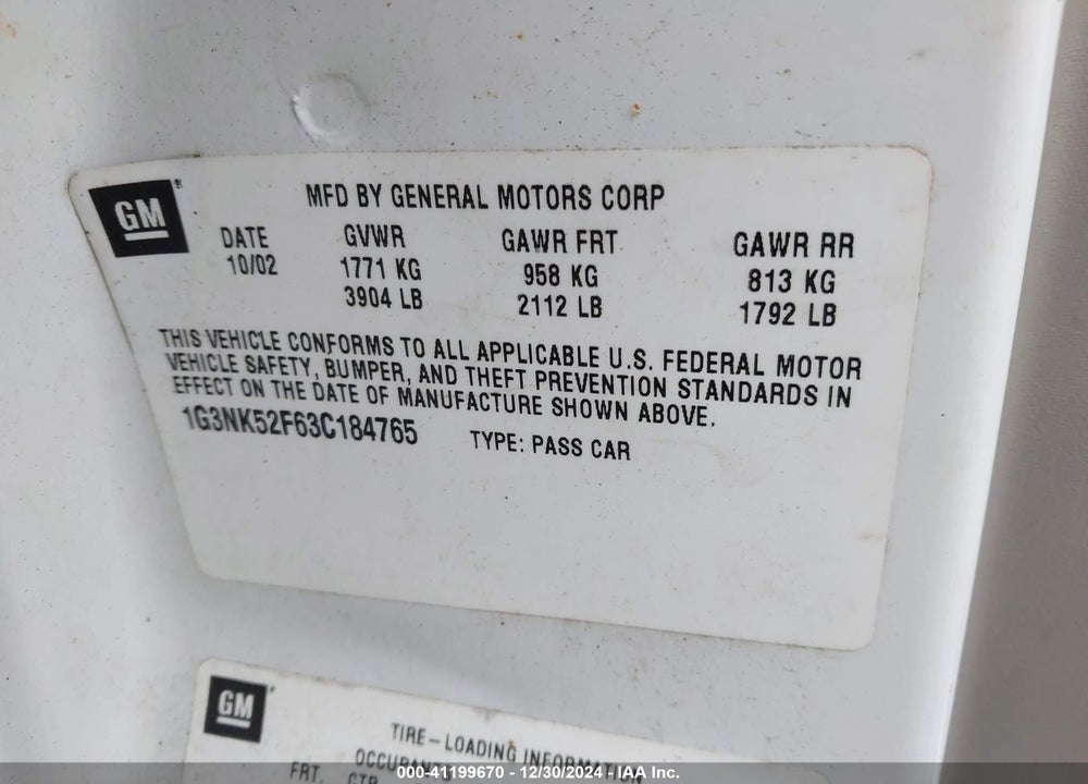 2003 OLDSMOBILE ALERO GX VIN: 1G3NK52F63C184765