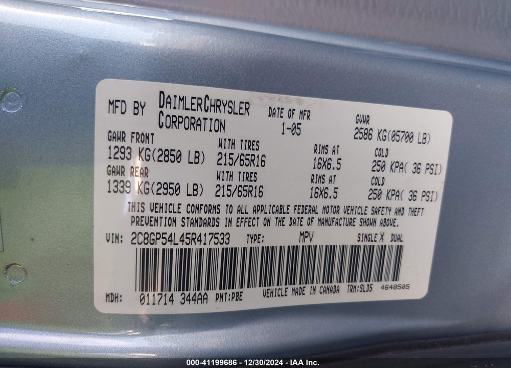 2005 CHRYSLER TOWN & COUNTRY TOURING VIN: 2C8GP54L45R417533