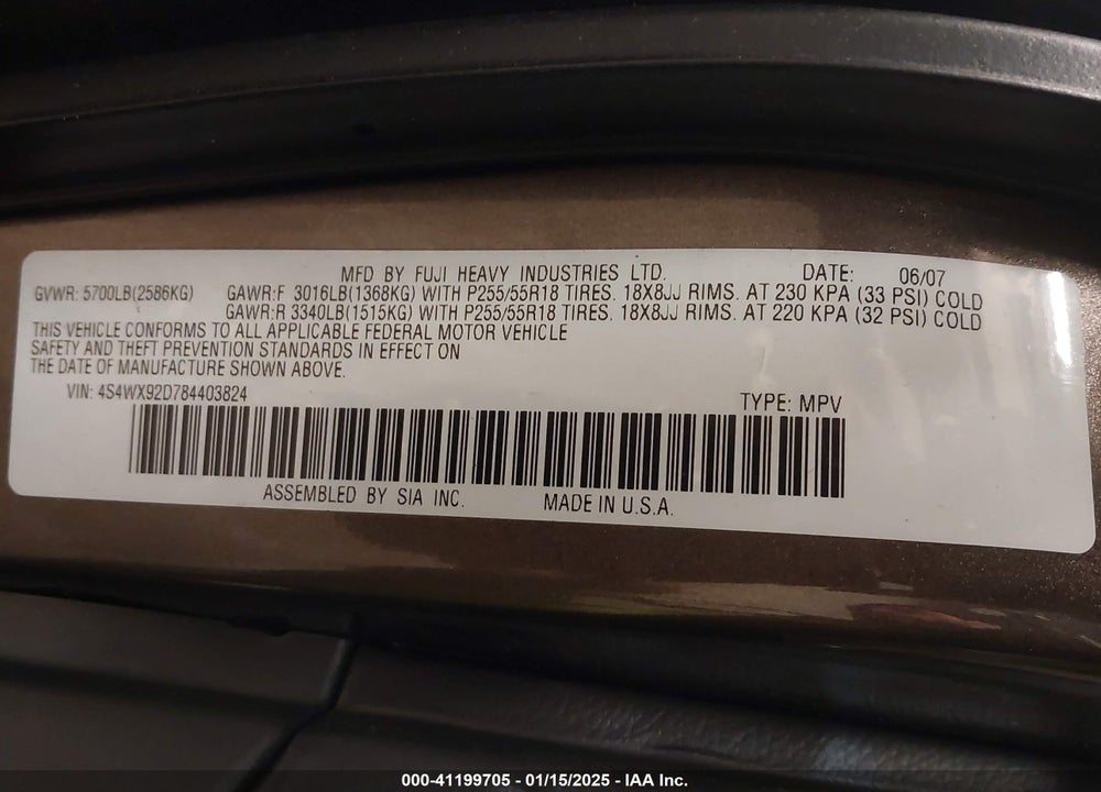 2008 SUBARU TRIBECA LIMITED 5-PASSENGER VIN: 4S4WX92D784403824