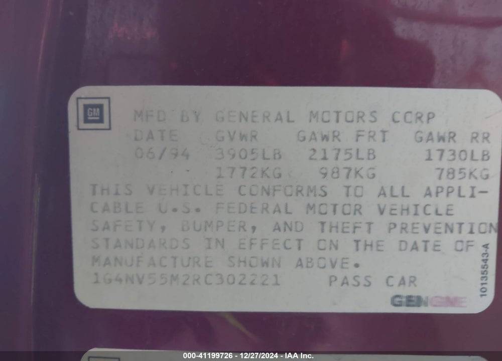 1994 BUICK SKYLARK CUSTOM VIN: 1G4NV55M2RC302221