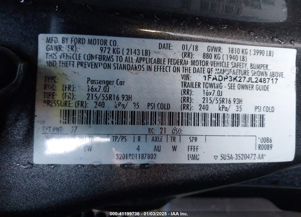 2018 FORD FOCUS VIN: 1FADP3K27JL248717