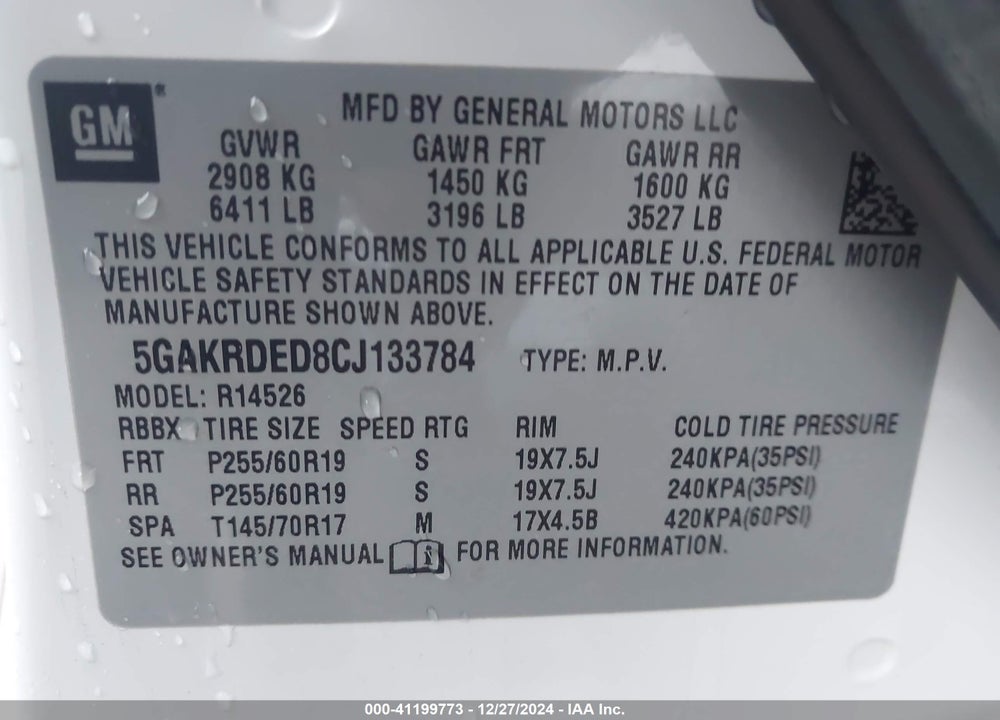 2012 BUICK ENCLAVE PREMIUM VIN: 5GAKRDED8CJ133784