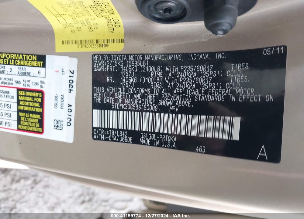 2011 TOYOTA SIENNA XLE LIMITED VIN: 5TDYK3DC5BS150009