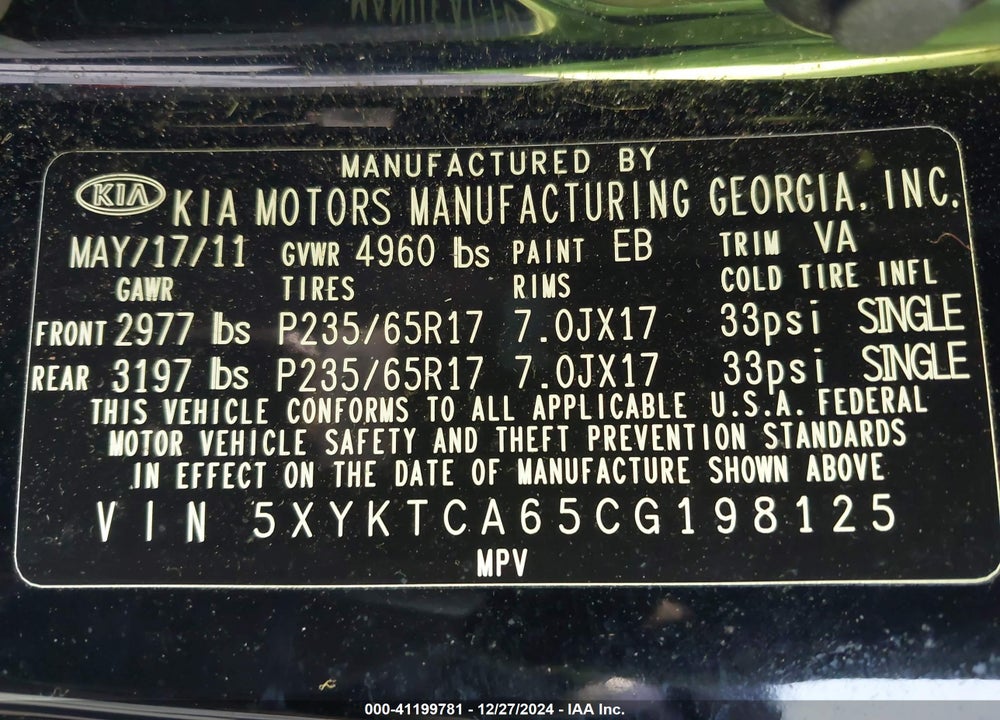 2012 KIA SORENTO LX VIN: 5XYKTCA65CG198125