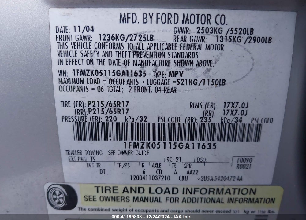2005 FORD FREESTYLE SEL VIN: 1FMZK05115GA11635