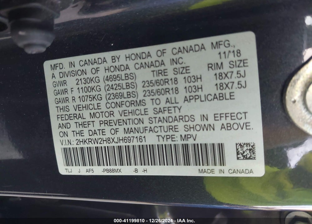 2018 HONDA CR-V EX-L/EX-L NAVI VIN: 2HKRW2H8XJH697161
