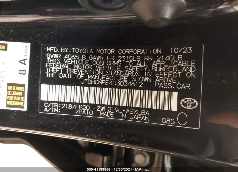 2024 TOYOTA COROLLA HYBRID LE VIN: JTDBCMFE4R3034612