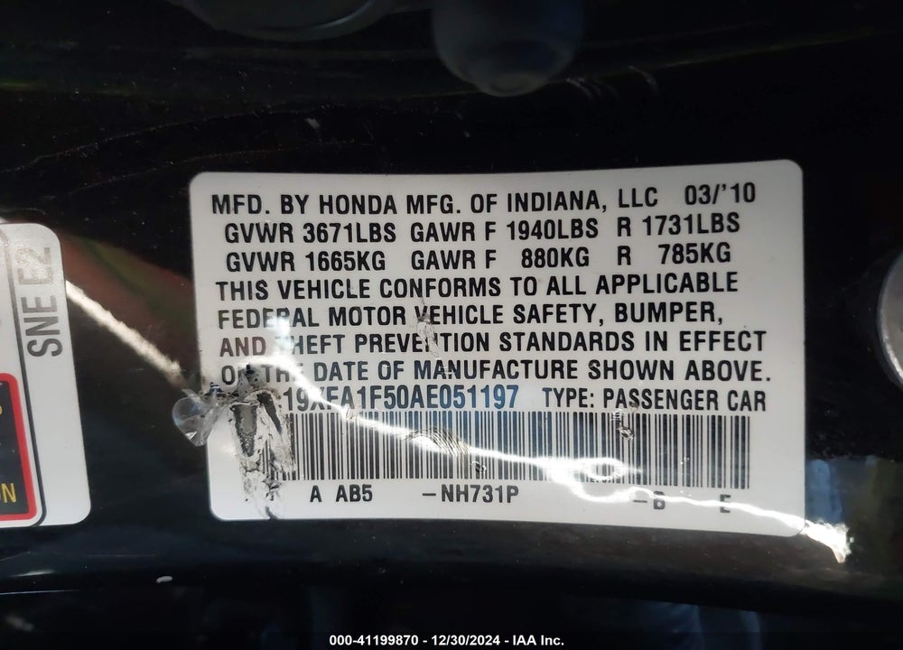 2010 HONDA CIVIC LX VIN: 19XFA1F50AE051197