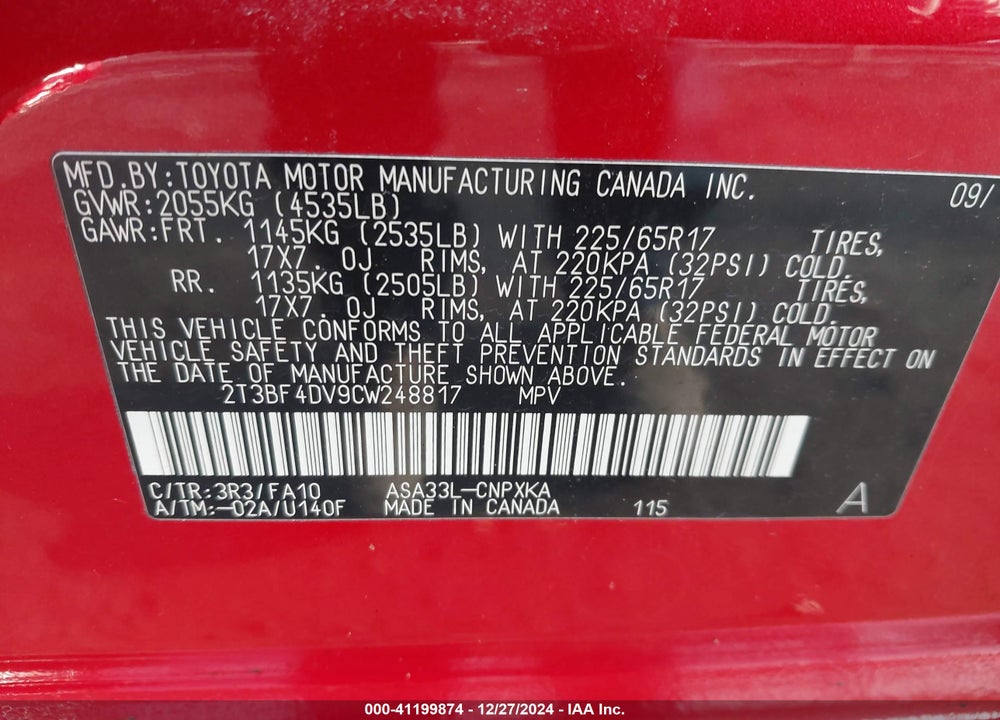 2012 TOYOTA RAV4 VIN: 2T3BF4DV9CW248817