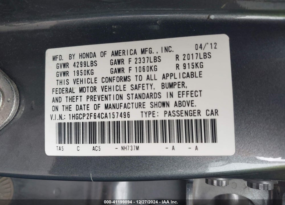 2012 HONDA ACCORD 2.4 SE VIN: 1HGCP2F64CA157496