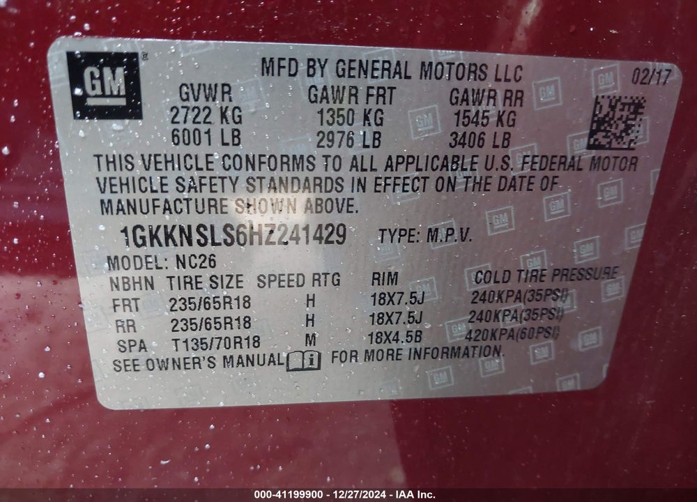 2017 GMC ACADIA SLE-2 VIN: 1GKKNSLS6HZ241429
