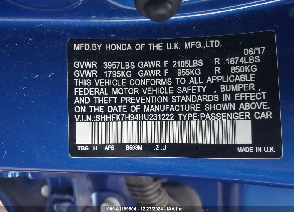 2017 HONDA CIVIC SPORT TOURING VIN: SHHFK7H94HU231222
