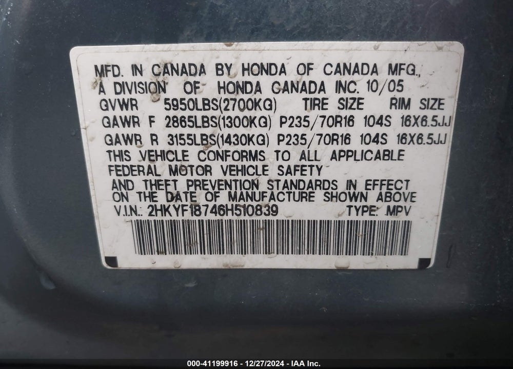 2006 HONDA PILOT EX-L VIN: 2HKYF18746H510839
