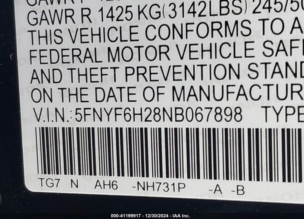 2022 HONDA PILOT AWD SPECIAL EDITION VIN: 5FNYF6H28NB067898