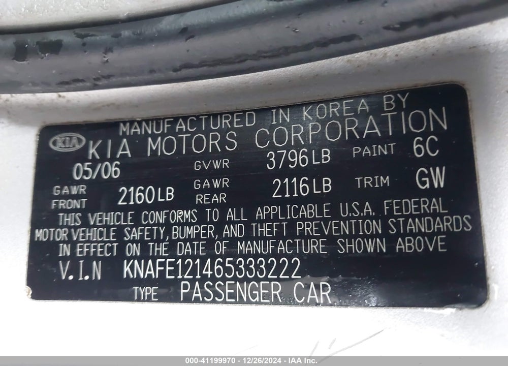 2006 KIA SPECTRA EX/LX/SX VIN: KNAFE121465333222