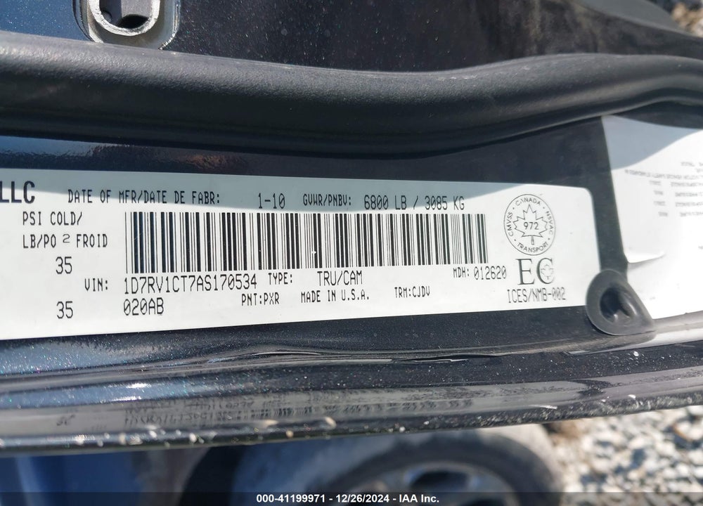 2010 DODGE RAM 1500 VIN: 1D7RV1CT7AS170534