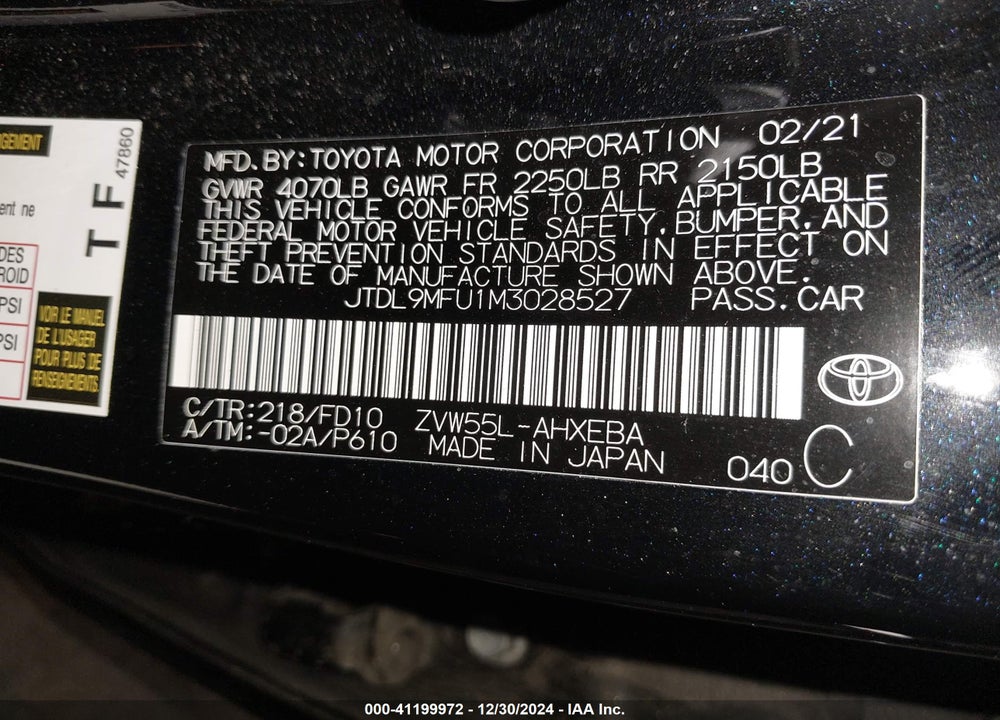 2021 TOYOTA PRIUS LE AWD-E VIN: JTDL9MFU1M3028527