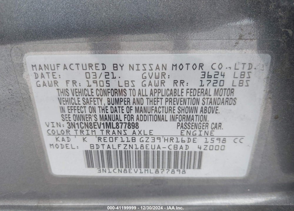 2021 NISSAN VERSA SV XTRONIC CVT VIN: 3N1CN8EV1ML877898