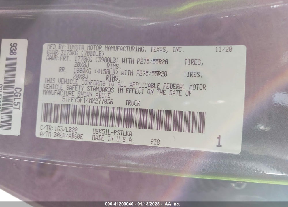 2021 TOYOTA TUNDRA VIN: 5TFFY5F14MX277036