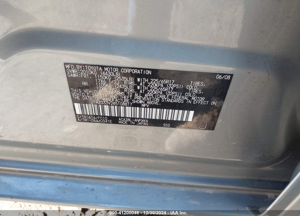 2008 TOYOTA RAV4 VIN: JTMZD33V285108817