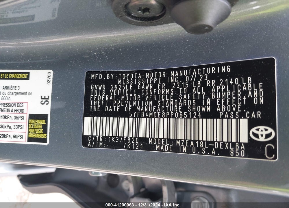 2023 TOYOTA COROLLA LE VIN: 5YFB4MDE8PP065124