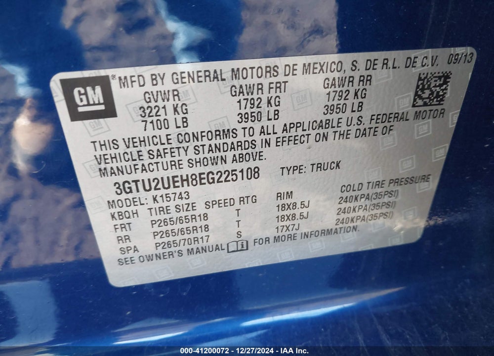 2014 GMC SIERRA 1500 VIN: 3GTU2UEH8EG225108