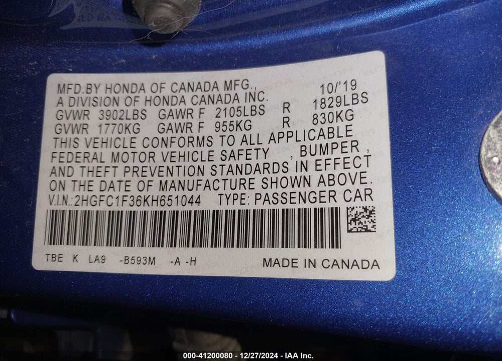 2019 HONDA CIVIC VIN: 2HGFC1F36KH651044