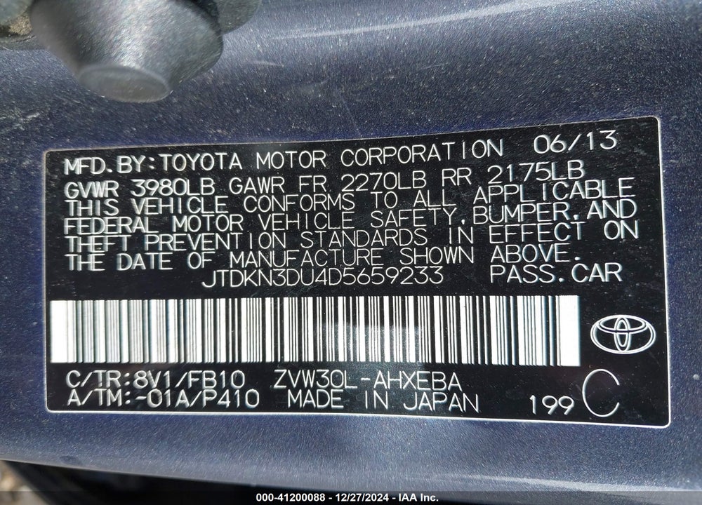 2013 TOYOTA PRIUS TWO VIN: JTDKN3DU4D5659233