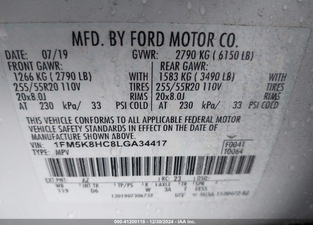 2020 FORD EXPLORER PLATINUM VIN: 1FM5K8HC8LGA34417