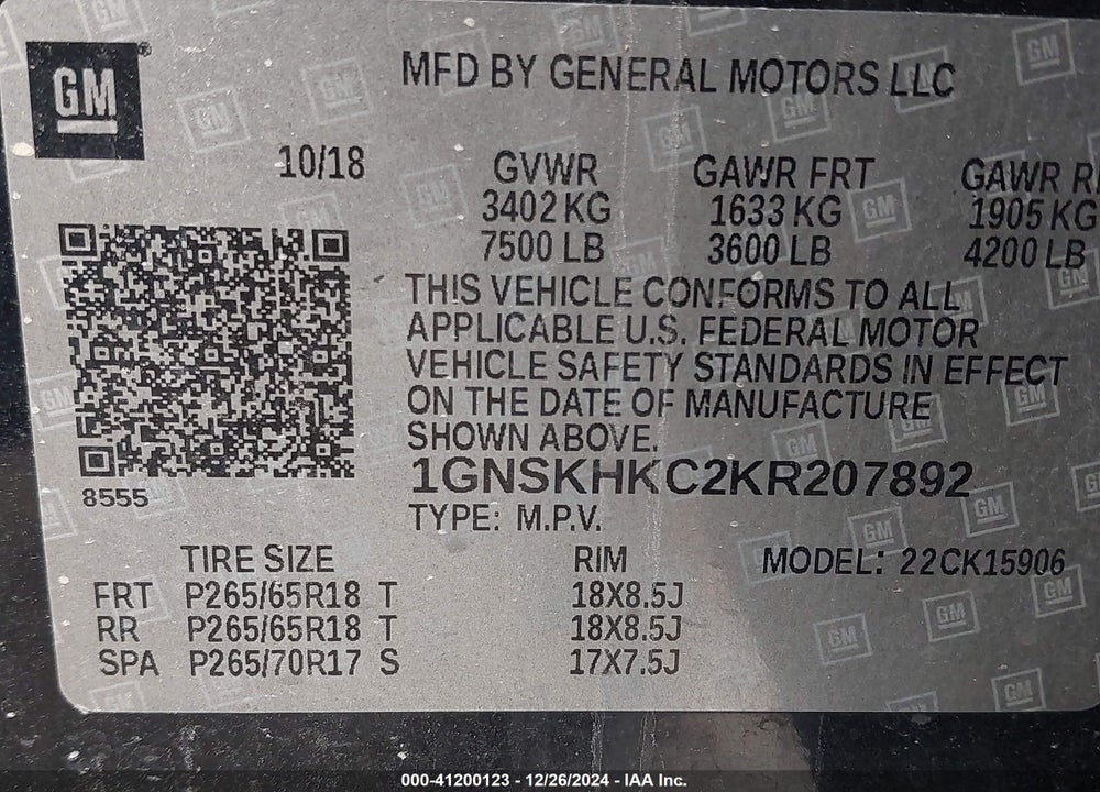2019 CHEVROLET SUBURBAN LT VIN: 1GNSKHKC2KR207892