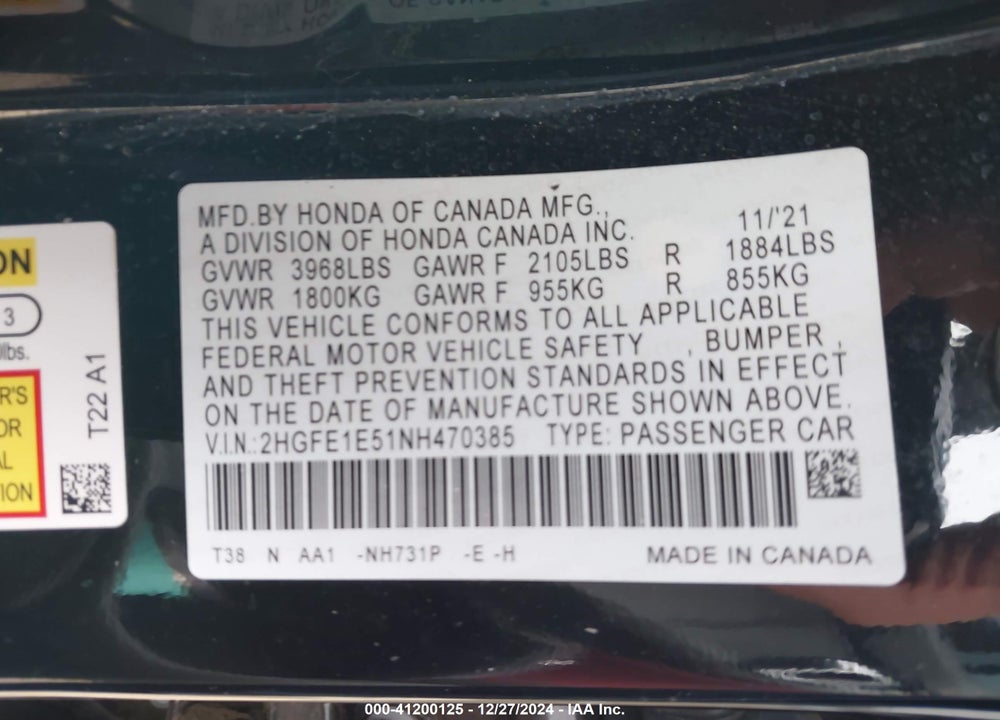 2022 HONDA CIVIC VIN: 2HGFE1E51NH470385