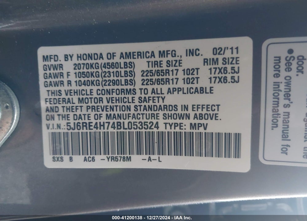 2011 HONDA CR-V EX-L VIN: 5J6RE4H74BL053524