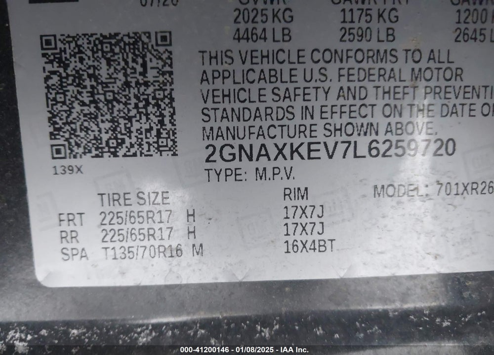 2020 CHEVROLET EQUINOX FWD LT 1.5L TURBO VIN: 2GNAXKEV7L6259720