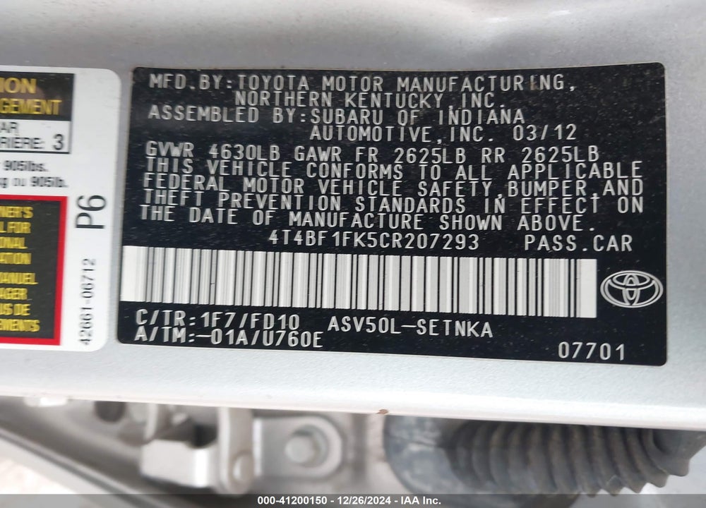 2012 TOYOTA CAMRY LE VIN: 4T4BF1FK5CR207293