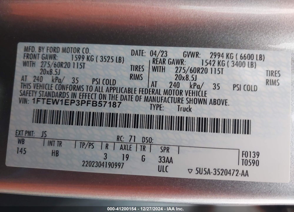 2023 FORD F-150 LARIAT VIN: 1FTEW1EP3PFB57187