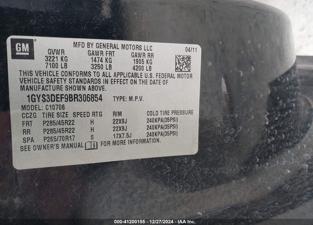 2011 CADILLAC ESCALADE PLATINUM EDITION VIN: 1GYS3DEF9BR306854